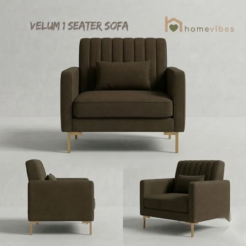 Image of 1 Seater Velum Fabric Sofa Set for Living Room, Modern Design with High Density Foam, Solid Wood Frame, Ergonomic Comfortable Seating for Home & Office (Dark Brown, 1 Seater) | Soft foam comfort, Strong wood frame