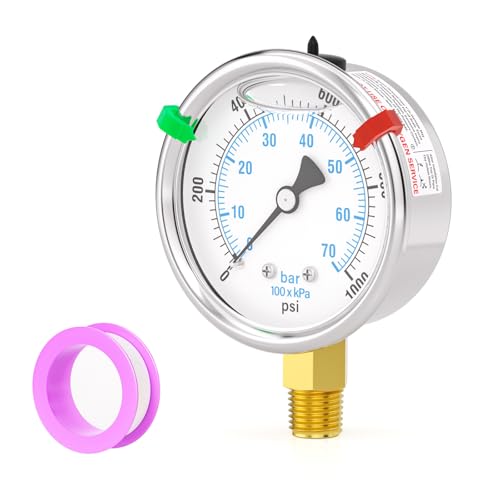 Image of 0-1000PSI Stainless Steel Liquid Filled Pressure Gauge, 2.5 inch Dial Size, 1 /4 inch NPT Lower Mount, for Tube, Water Pump, Gas, Liquid, Pressure Test (with Range Mark Pointer)