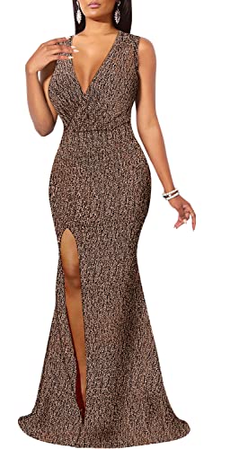 Image of Women's Sexy Long Sleeve Sparkly Maxi Dress V Neck High Slit Wrap Formal Gown Cocktail Glitter Maxi Long Dresses
