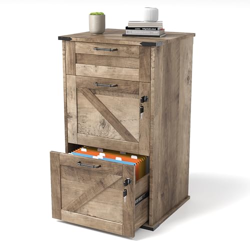 VINGLI 3 Drawer File Cabinet with Lock, Home Office Filing Organizer, for Letter Size File Folder Storage, Modern Farmhouse Style, Wood Vertical Filing Cabinet, Archivador (Rustic Gray)