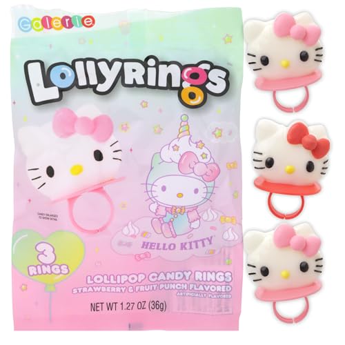 Galerie Hello Kitty Lollipop Rings, Strawberry and Fruit Punch Flavored Suckers, Themed Party Favors, 3 Count Bag, 1.27 Ounces (1 Pack) - image 1