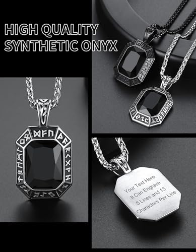 Image of ChainsHouse Viking Rune Pendant Necklace for Men Women, Punk Biker Black Metal /316L Stainless Steel Onyx Norse Vintage Amulet Necklaces with Black /Red /Green /Blue Gemstone, Send Gift Box