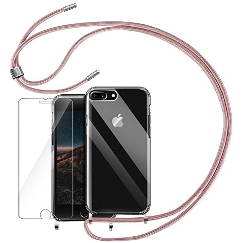 YIRSUR Funda con Cuerda para iPhone 7/8 Plus + Cristal Templado Protector de Pantalla, Carcasa Transparente TPU Suave Silicon Colgante Ajustable Collar para iPhone 7 Plus/8 Plus - Oro Rosa