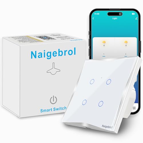 Naigebrol Smart Switches for lights,Works Alexa and Google,With Security Door Protection,Remote control,Timing and Scene Mode,4Gang touch light switches white（Neutral Wire Need）