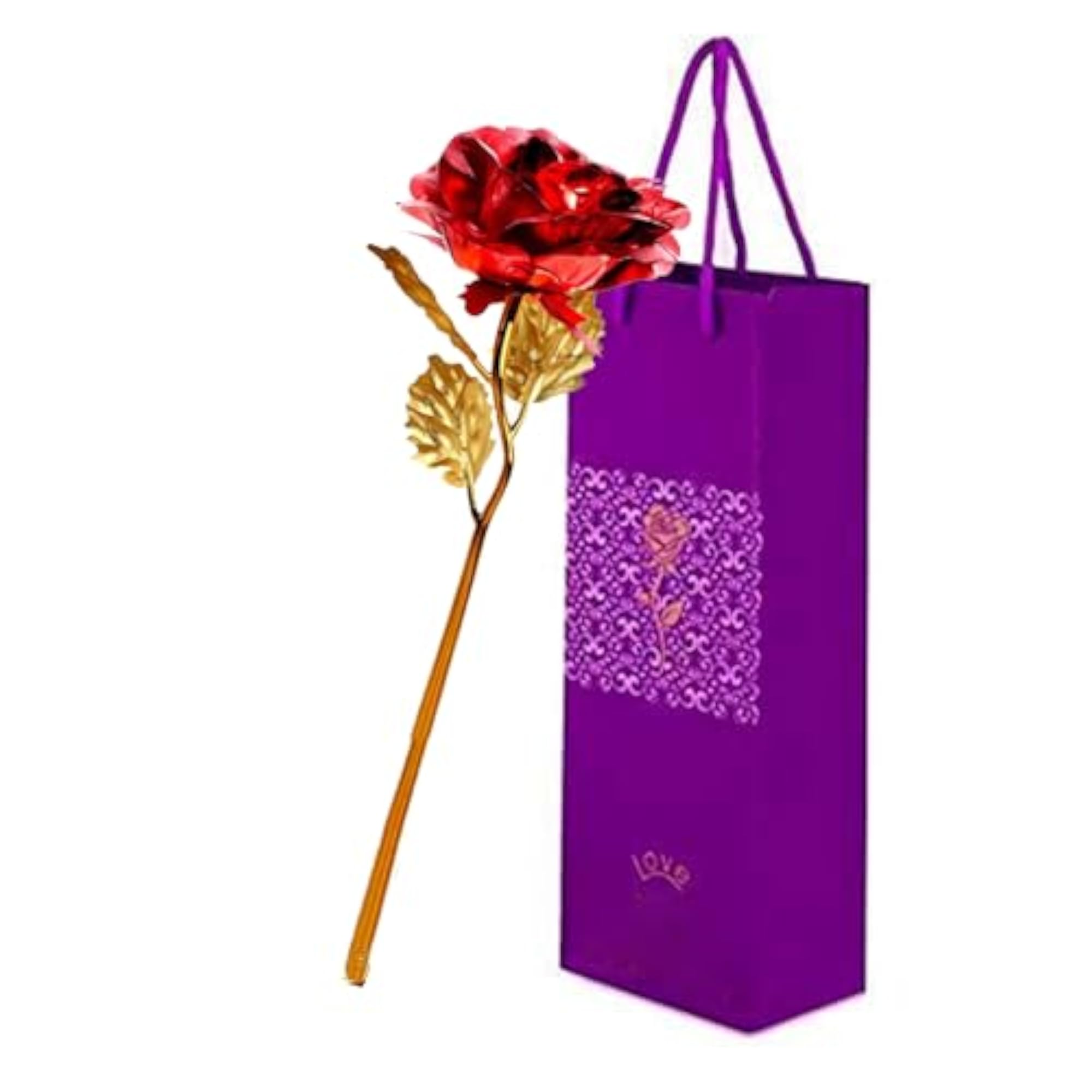 Artificial Red Rose with Golden Stem and Carry Bag