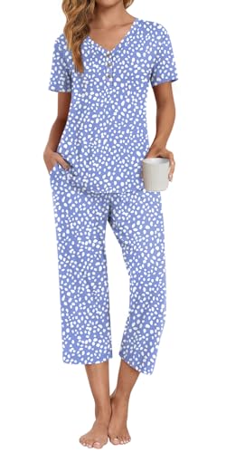 Anyally Women's Pajama Set Plus Size Short Sleeve Top and Sleepwear Pants 2 Piece Lounge Sets Summer Ladies Pjs Sets with Pockets, XL Spotted Blue