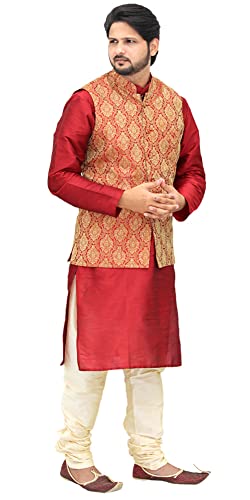 Image of Men's Silk Kurta Pyjama With Waistcoat