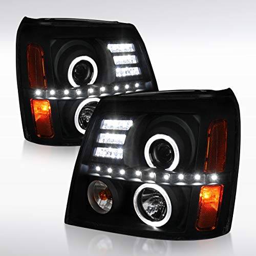 Autozensation Compatible with Cadillac Escalade 2002-2006, Black Housing Smoke Lens Halo Projector Headlights w LED, L+R Pair Head Light Lamp Assembly