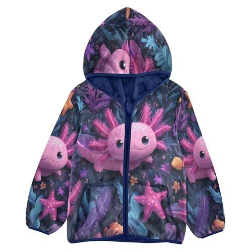 Cute Axolotls Sea Starfish Toddler Fleece Jacket Girl Boys Hooded Fleece Jacket Coat Warm Outwear Zip-up 3-10T