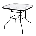 VINGLI Glass Patio Table with Umbrella Hole, 32" Square Outdoor Dining Table Steel Tempered Glass Patio Table Outdoor Table for Balcony Garden Deck