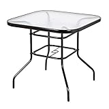 VINGLI Glass Patio Table with Umbrella Hole, 32' Square Outdoor Dining Table Steel Tempered Glass Patio Table Outdoor Table for Balcony Garden Deck