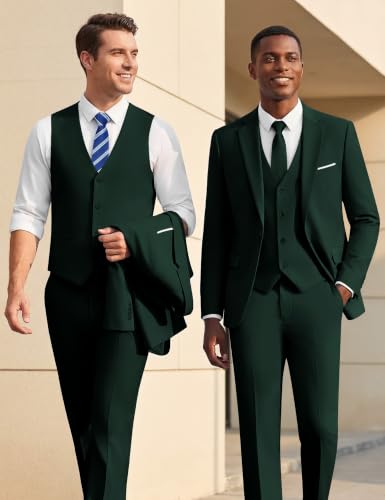 Image of WULFUL Men's Slim Fit Suit One Button 3-Piece Blazer Dress Business Wedding Party Jacket Vest & Pant