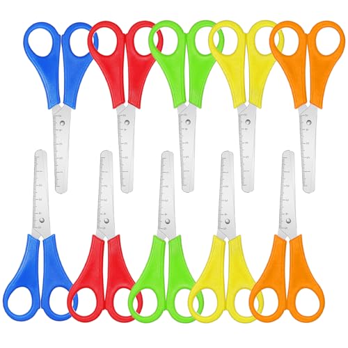 10 Pcs Kids Scissors,Children Blunt tip Safety Scissors,Children Safety Plastic Handle Handmade Preschool Training Scissor with cm-Scale for Scrapbooking Art DIY Craft Students Teaching Stationery