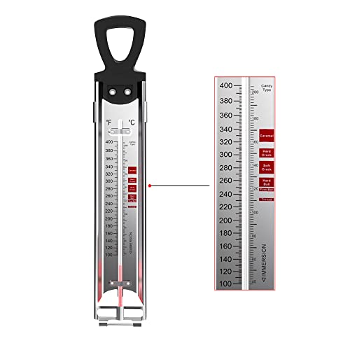 Candy Thermometer Deep Fry/Jam/Sugar/Syrup/Jelly Thermometer with Hanging Hook & Pot Clip Stainless Steel Cooking Thermometer Food Thermometer Quick Reference Temperature Guide,Red