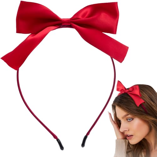 HINZIC Bow Headbands Red Satin Thin Bowknot Hairband for Women Non-slip Toothed Design Bow Headband Cute Bowknot Headpiece for Festivals Cosplay Party- 1 Pcs