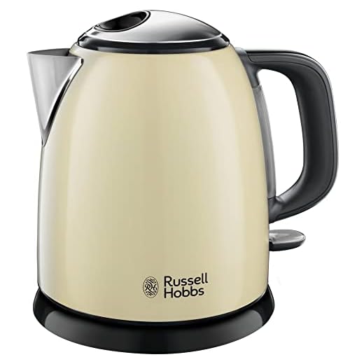 Russell Hobbs Hervidor de Agua Eléctrico Colours Plus - 1 litro, Hervidor Pequeño, 2400 W, Filtro Extraíble, Zona de Ebullición Rápida, Base de 360°, Indicador Nivel de Agua, Inox., Crema - 24994-70