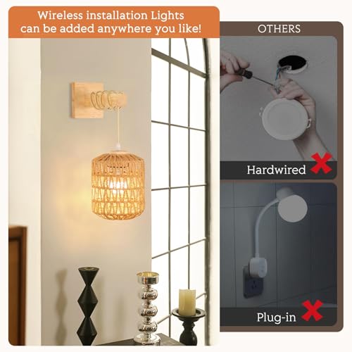 Image of Wood Wall Sconce Battery Operated Set of 2, Boho Rechargeable Rattan Wall Light with Remote Control, Farmhouse Dimmable Wireless Rustic Wall Lamp Indoor for Bedroom Living Room hallways Foyer