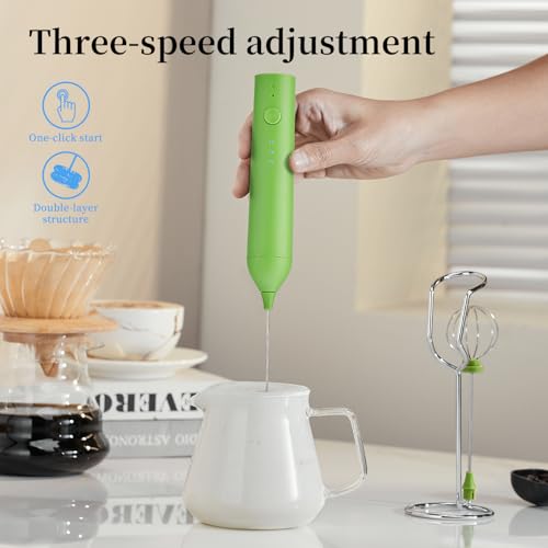 Image of Rechargeable Milk Frother Set by ELMWAY, Electric Drink Blender with Wand and Egg Whisk, Foam Maker Mixer, Milk Frother Handled for Coffee, Latte, Matcha, Protein Powder (Green with Stand)