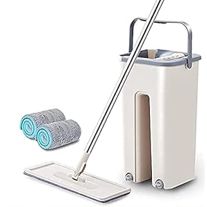 TIMESOON Heavy Quality New Unique Microfiber Flat Mop with Bucket, Cleaning Squeeze Hand Free Floor Mop, Extra 1…