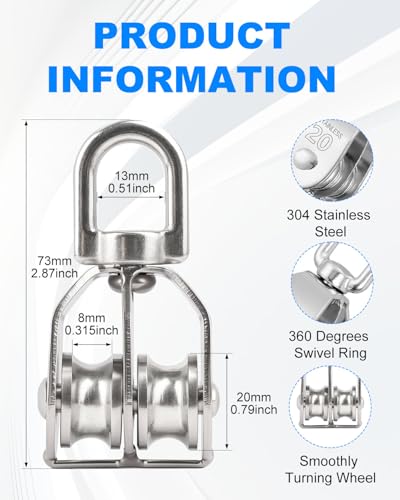 image for Rocaris 4 Pack Stainless Steel Wire Rope Crane Double Pulley Block M20