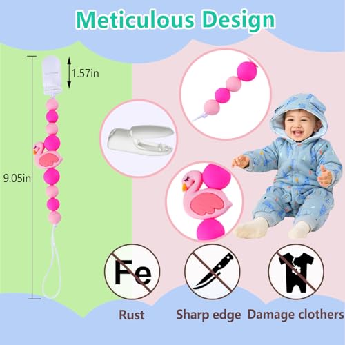 Image of Baby Pacifier Clip Holder Animal for Baby Boys and Girls,Binky Clips with One-piece Design for Baby Shower -2 Packs（Sheep+Flamingo）