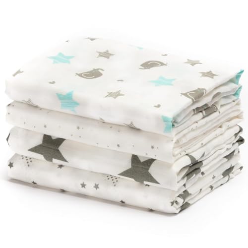 Image of CuddleBug Muslin Baby Swaddle Blankets, Cotton 4-Pack, Starry Nights | Soft Breathable Weave for newborns 0-3 months, generous 47x47 size for stroller cover or burp cloth, an easy shower gift