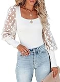 miduo Women's Knit Tops Solid Scoop Neck Swiss Dot Lace Splicing Long Sleeve Ribbed Knitted Shirts Sweater Tops Blouses for Women White M