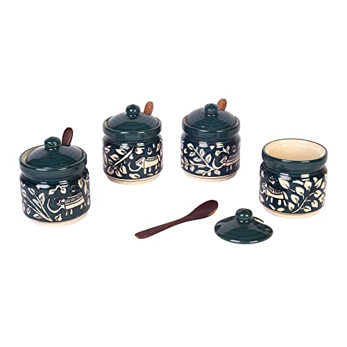 Image of AAKRITI ART CREATIONS Jungle Elephants Pickle Barni Set of 4 with Spoon | Ceramic Achar ki Barni & Mukhwas Box | Handcrafted Madhubani Storage Jar for Spice, Pickle & Chatni