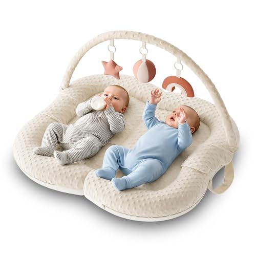 Image of Twins Baby Play Mats for Floor Activity Gym - 5-in-1 Support Cushion Baby Play Mat Tummy Time Mat for Supervised Bonding with Arch, Plush Toys, Flashcards & Developmental Book - Beige