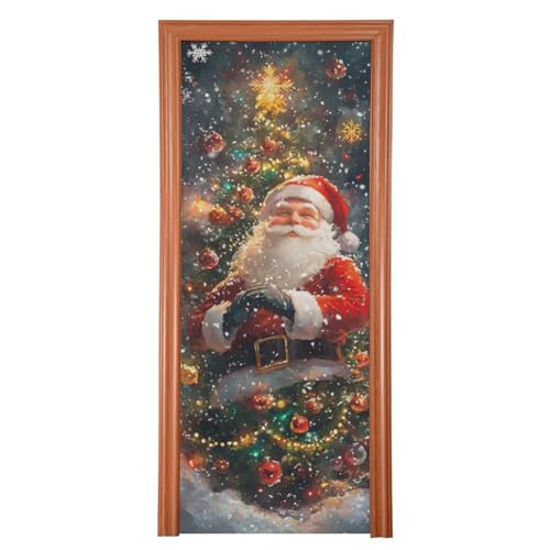 FLildon Christmas Tree & Santa Claus Door Cover Decoration, Party Accessory Porch Decor for Festive Ornament Room Door Covers 32 x 79 Inch