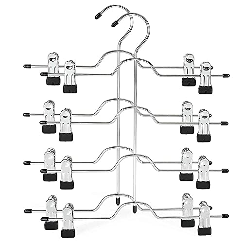2 Stücke Rockbügel aus Metall mit Clips, Kleiderbügel aus Verchromtem Metall, 4 Stock Platzsparend Hosenbügel für Hosen, Jeans, Krawatten, Schals, Handtücher, Silber Cover