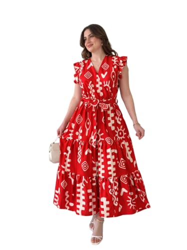 Image of KZULLY | Dress for Women | Feminine Cross Tie Long | Soft Frill Arm Detail Look | Stylish Allover Print Wear