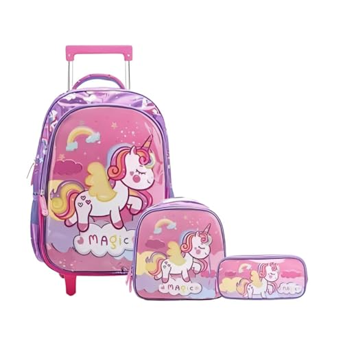 Kit Mochila Rodinha Lancheira Estojo Unicornio Infantil Escolar Estilosa (ROXO)