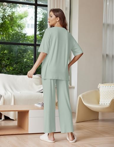 Image of Ekouaer Lounge Sets for Women Short Sleeve Tops and Long Pants Soft Comfy Pajamas Set 2 Piece Outfits