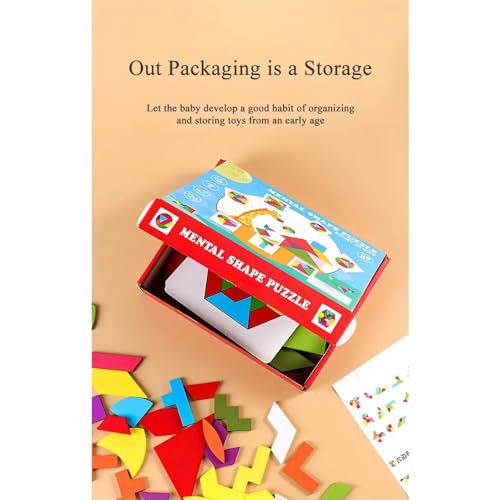 Image of PLUSPOINT Wooden Puzzle 68 Pattern Shape Blocks with 8 Activity Cards Montessori Educational Learning Toy Game,Geometric Shape Blocks Pattern (Geometric Puzzle)