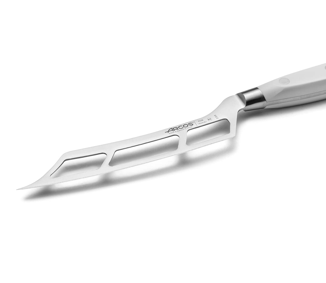 Arcos Cuchillo queso forjado Acero Inoxidable Nitrum y Hoja 145 mm. Mango ergonómico polioximetileno POM. Serie Riviera Blanc. Color blanco.