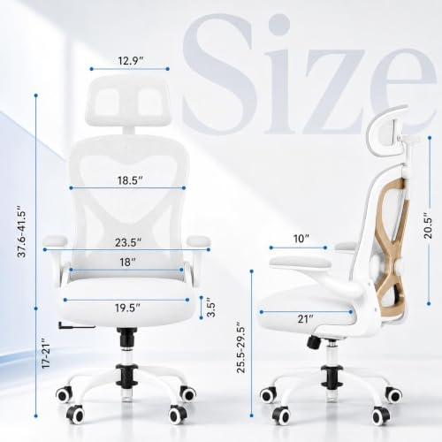 Image of Ergonomic Office Chair for Long Hours and Back Pain Relief, Space-Saving Design with Adjustable Lumbar Support, Flip-Up Arms, 3D Headrest, Tilt & Rock, 330 LBS, White /Gold