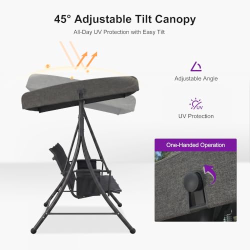 Image of PURPLE LEAF 3-Seat Outdoor Porch Swing with Adjustable Canopy, Heavy Duty Aluminum Frame Patio Swing Chair for Adults, Perfect for Garden Deck Lawn, Grey
