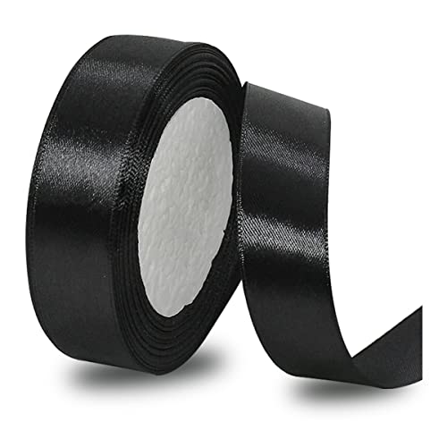 Black Ribbon 25mm, 23 Meters Solid Color Satin Gift Ribbon for Crafting Gift Wrapping, Balloons, Hair Bows Making, Sewing