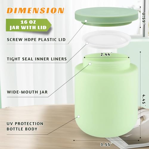 2 Pack 16 OZ Plastic Jars Round Cosmetic Container with Lids,Wide Mouth Soft Slime Jars for Lotion,Hand Cream,Ointment,Makeup,Body Butter,Rhinestone,Leak Proof Make Up Storage Jar-Green3