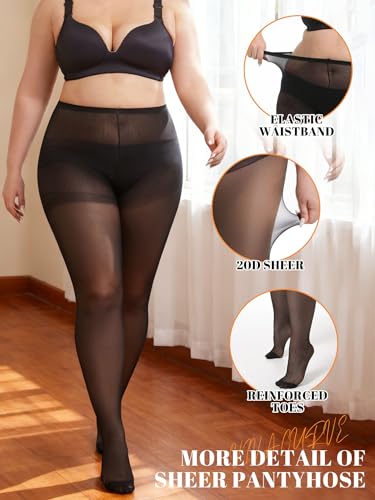 Image of Plus Size Sheer Tights for Women 20D Control Top Pantyhose Soft Stockings with Reinforced Toes 2 Pairs