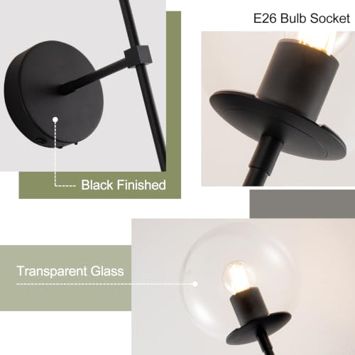 Image of Black Battery Operated wall Sconce Set of 2 Glass Globe 3000~6000K Rechargeable Wall Light Fixture Wireless Wall Lights with Clear Glass Shade for Living Room, Hallway, Bedroom(2 Pack)
