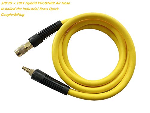 SANFU Hybrid PVC/Rubber Lead-in Air Hose 3/8”ID x 10ft, 300PSI Durable, Lightweight, with 1/4” Immovable Industrial Quick Brass Coupler and Plug, Bend Restrictors, Yellow(10\')