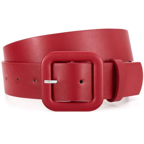 WHIPPY Women Leather Belt Candy Color Fashion Square Buckle Belt Ladies Belt for Jeans Pants Dresses, Bright Red, L