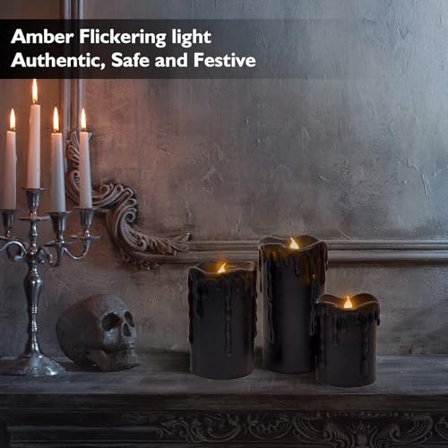 Image of Rhytsing Set of 3 Black Flameless Pillar Candles Real Wax Dripping Design, Battery Operated Led Candles with Timer for Halloween, 6 Batteries Included