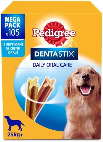 Pedigree Dentastix - Snack para la higiene Oral (Perro Grande +25 kg), 270 g 105 Unidades - 15 Paquetes de 7 Unidades (105 Unidades totales)