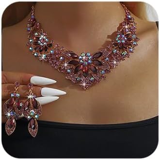 Statement Necklace with Earrings Jewelry Set for Wedding Brides Teardrop Crystal Jewelry Set for Women Banquet Costume Jewelry