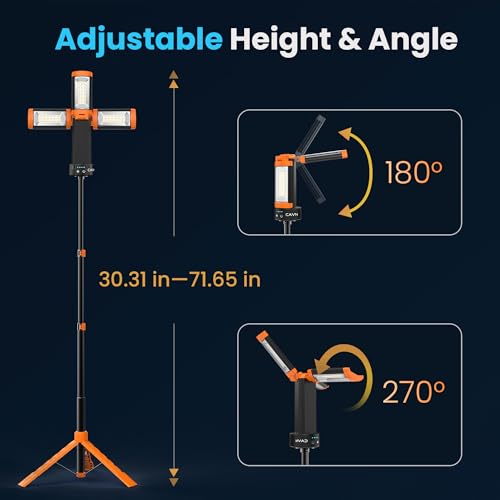 CAVN Rechargeable Camping Lights with Remote & Detachable Tripod Max Height 6.7 ft, Portable Work Light with 3 LED Lamp Heads, Camping Essentials Gear Emergency Flashlight with Hook, Orange - Image 6
