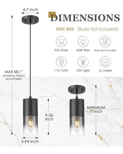 Audickic Black Pendant Lights Kitchen Island, Modern Hanging Lights Fixtures with Cylinder Black Gradient Glass, Industrial Kitchen Pendant Lighting Over Island for Dining Room, AD-24023-1P-BK-SM