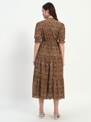 Image of Women's Fit and Flare Dress I Pure Cotton Long Summer Maxi Dress I V-Neck I Casual Wear I Printed Kalamkari Floral Middi